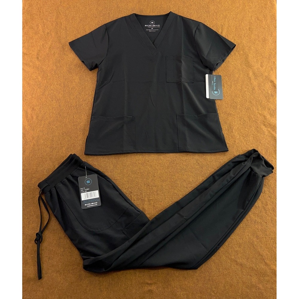 Scrubaid Men Medium Black Performance V-Neck Jogger Scrub Set 1332BLK NWT
